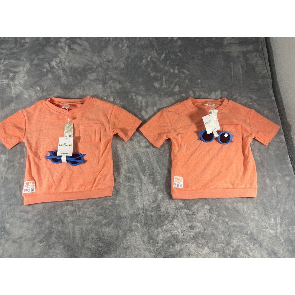 Lily & Jack Baby Terry Cloth T-Shirt with Sunglasses Set Peach Orange 9-12M 2pk‎
